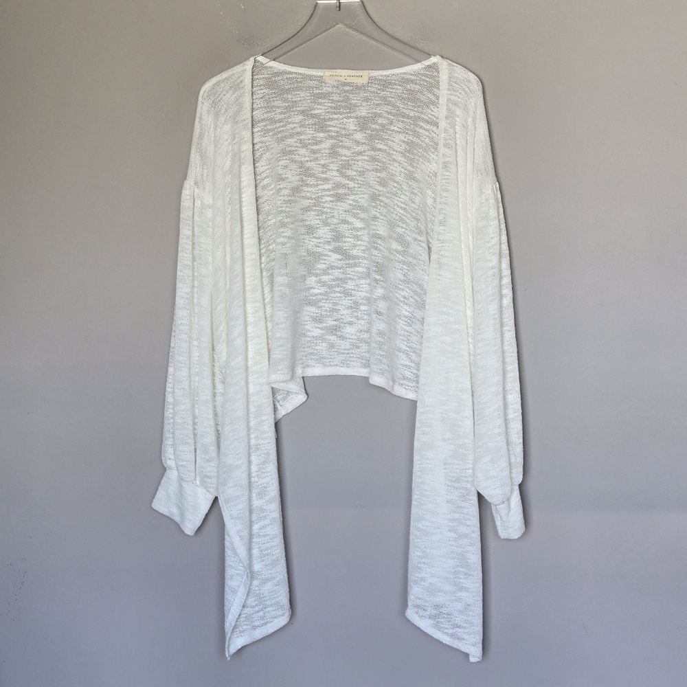 Stitch + Feather Tie Front Cardigan Balloon Sleeves Gauzy Layering Boho Sweater
